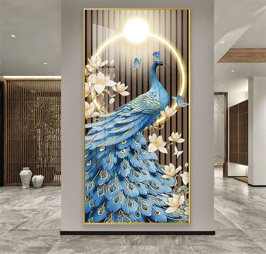 Home decoration modern design popular wall panel art crystal porcelain painting Operating With Remote peacock LED wall painting (24×48 inch)