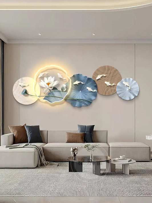 Modern Luxury Fish with Flower LED Wall Art for Living Room