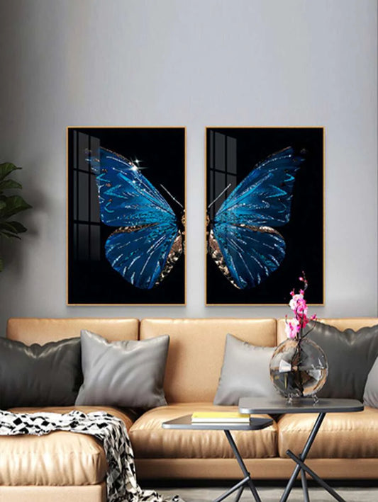 2 Panels Blue Butterfly Painting Modern Wall Art - Crystal Porcelain Painting with Glass Frame (Size: 40x60 CM(2))