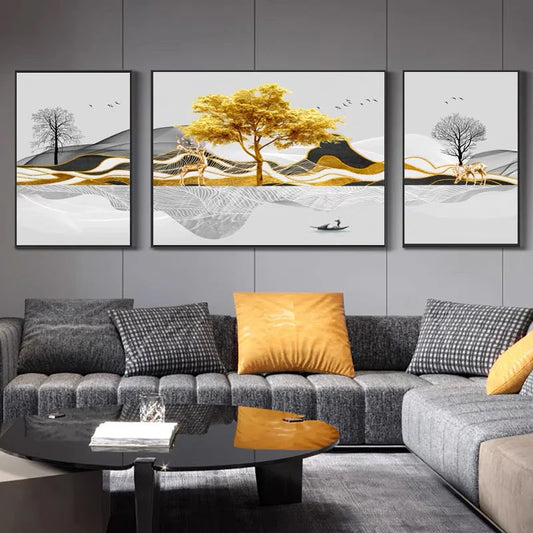 Set of 3 paintings of golden mountains, clouds and golden reindeer tree (40*60*2+60*80 CM)