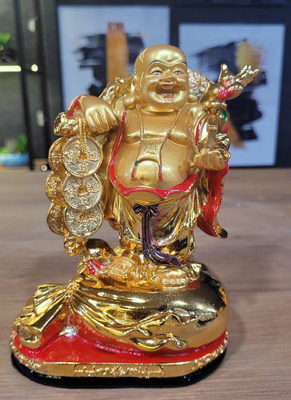 Euroxo 7" Feng Shui Golden Resin Laughing Buddha Statue