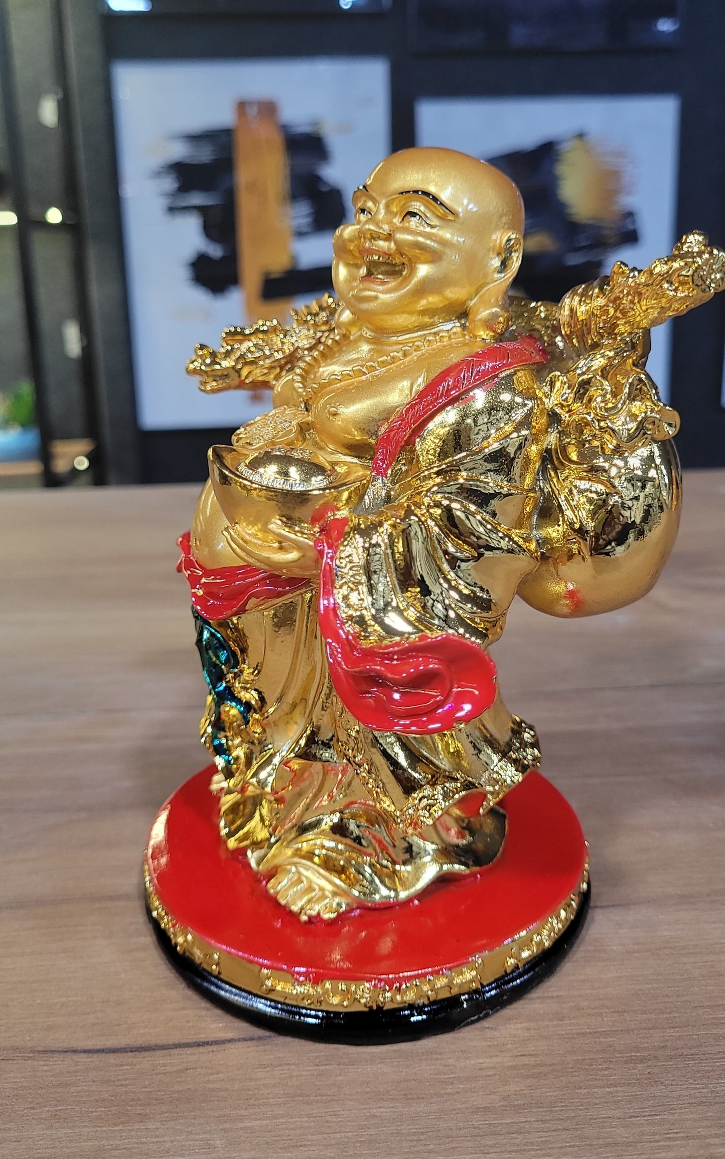 Euroxo 7" Feng Shui Golden Resin Laughing Buddha Statue