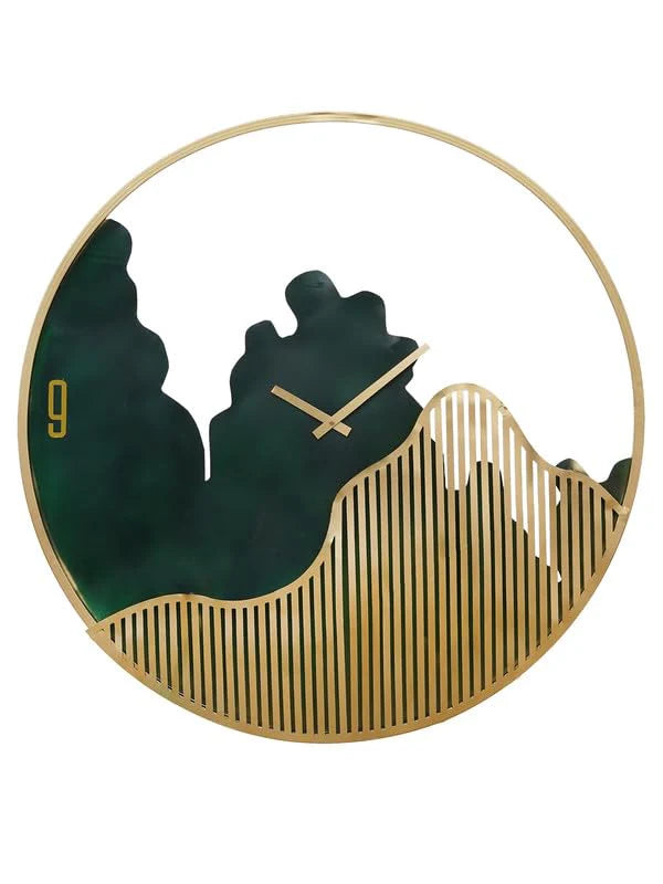 Designer Iron Round Dark Green and Golden Analog Wall Hanging Clock for Living Room Bedroom Home Office Timeless Decor