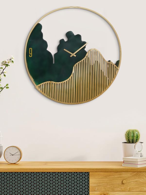 Designer Iron Round Dark Green and Golden Analog Wall Hanging Clock for Living Room Bedroom Home Office Timeless Decor