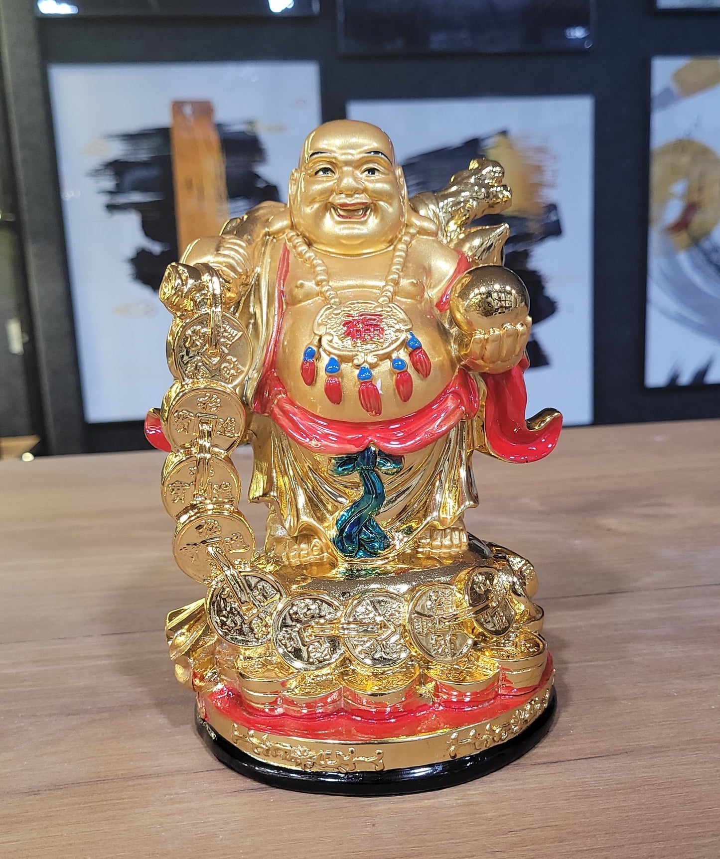 Euroxo 7" Feng Shui Golden Resin Laughing Buddha Statue