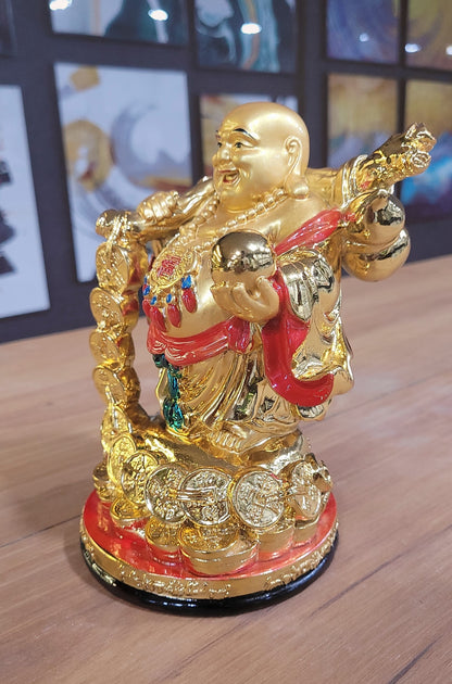 Euroxo 7" Feng Shui Golden Resin Laughing Buddha Statue