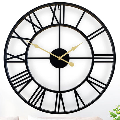 Oversized Roman Numeral Decorative Metal Big Wall Clock, Silent Non Ticking Wall Clocks for Living Room,Bedroom Home Decor Black