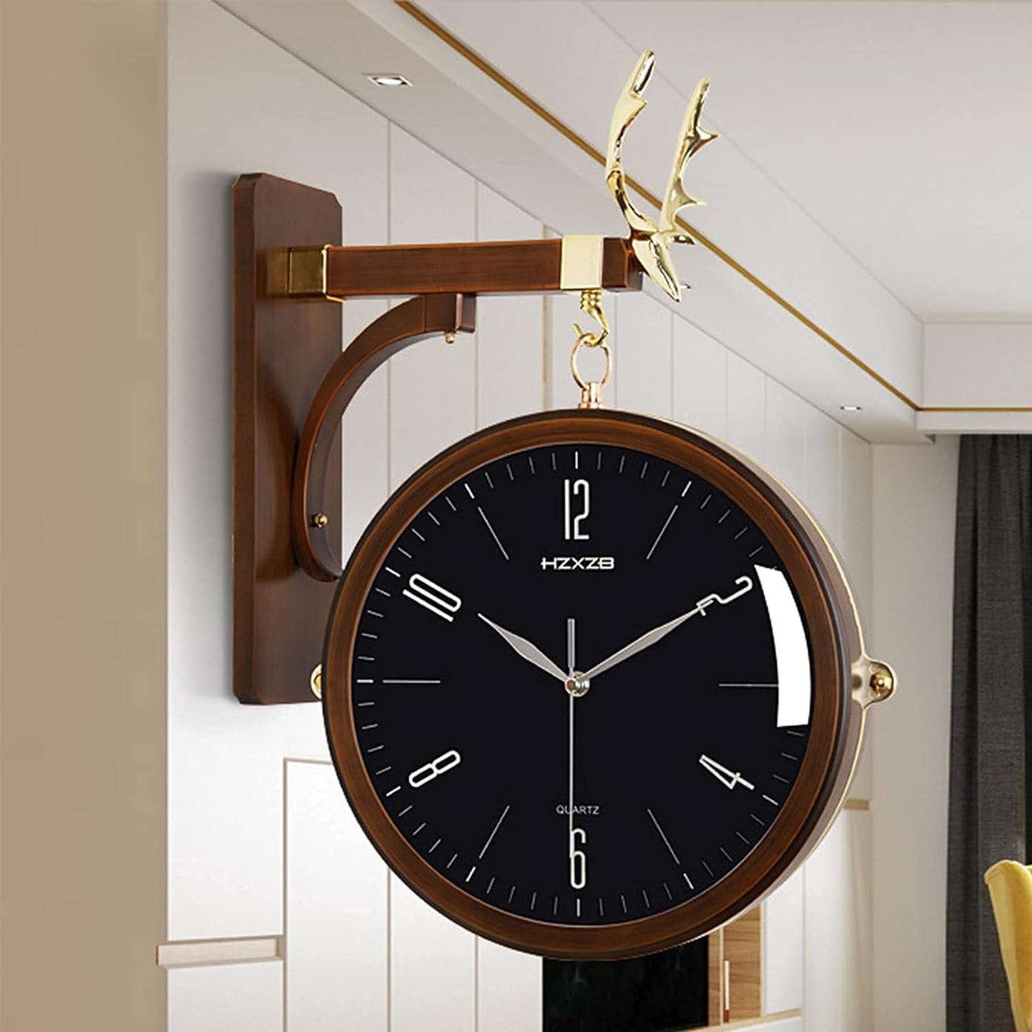 Luxury Deer Head Round Wall Hanging Double Sided 2 Faces Retro Station Wall Clock