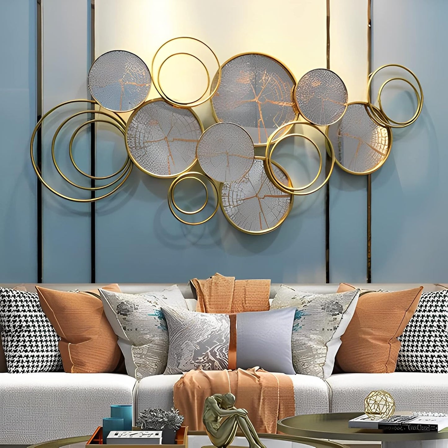 luxury wall hanging iron decor mirrors decorative large gold metal frame art mirror for living room