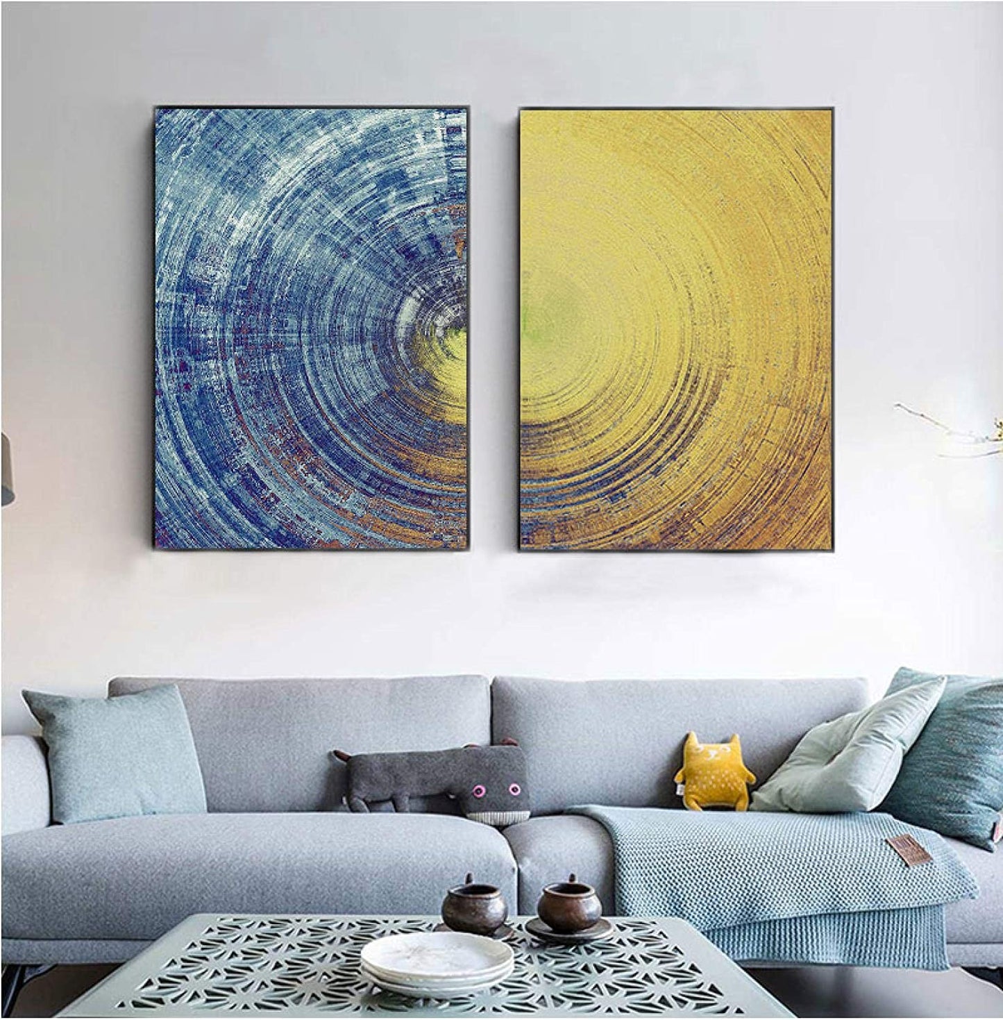 Euroxo Glossy Blue And Yellow Circles Pattern MDF with metal frame Painting Modern Wall Art Pictures For Home Decor 60x80cm(24x31in)x2