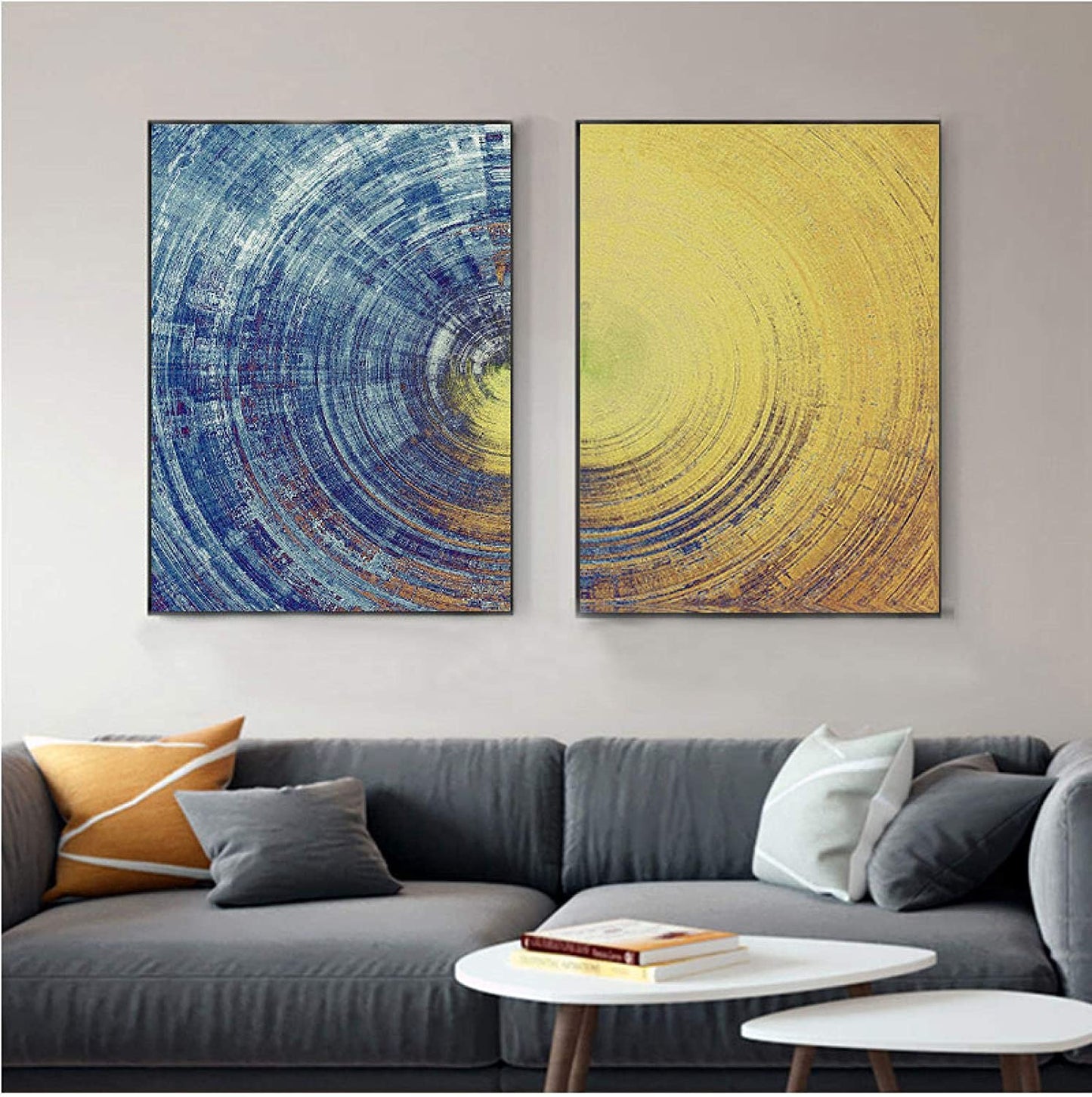 Euroxo Glossy Blue And Yellow Circles Pattern MDF with metal frame Painting Modern Wall Art Pictures For Home Decor 60x80cm(24x31in)x2