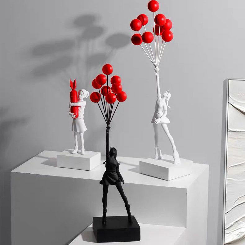 Luxury Balloon Girl Statues Banksy Flying Balloons Girl Art Sculpture Resin Craft Home Decor Christmas Gift 57cm