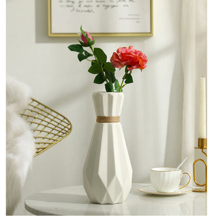 Origami twine vase with rose white 1 branch (38cm)