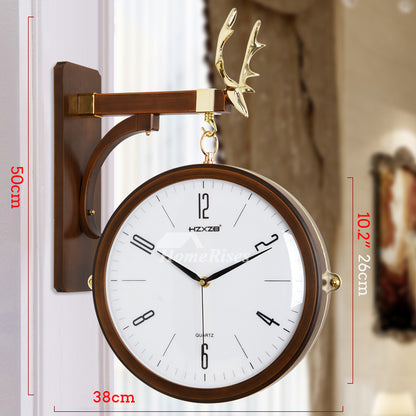 Luxury Deer Head Round Wall Hanging Double Sided 2 Faces Retro Station Wall Clock