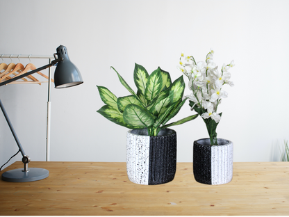 Euroxo Yellow Grey & Black White Fiber Planter Set | FRP Planter for indoor & outdoor (Set of 2)