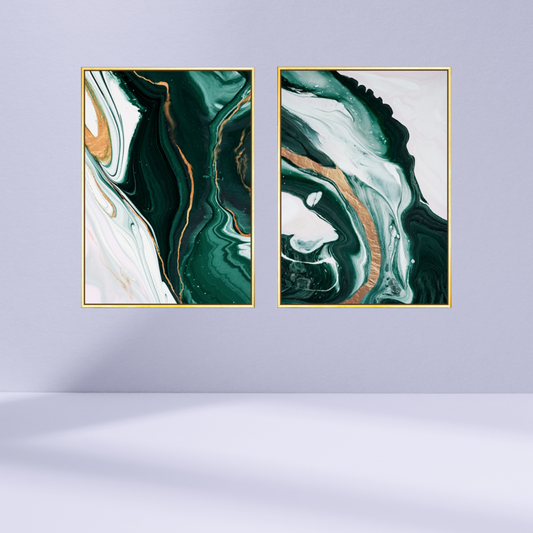 Euroxo glossy Abstract Green-Gold foil lined Canvas painting with Metal Frame set of 2