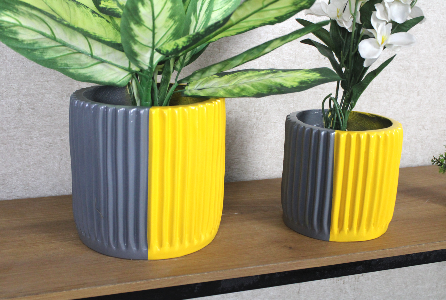 Euroxo Yellow Grey & Black White Fiber Planter Set | FRP Planter for indoor & outdoor (Set of 2)