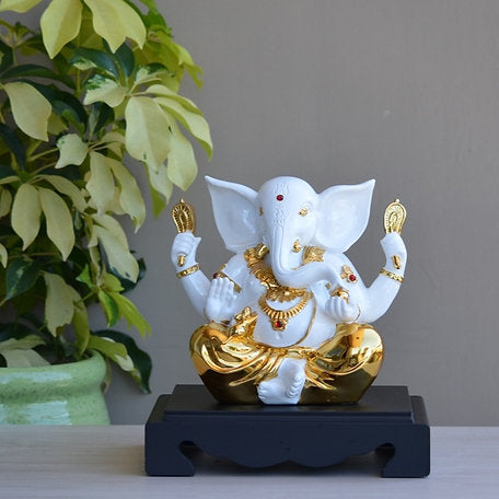 Euroxo Lord Ganesha Statue in White and Gold (13 Inch)