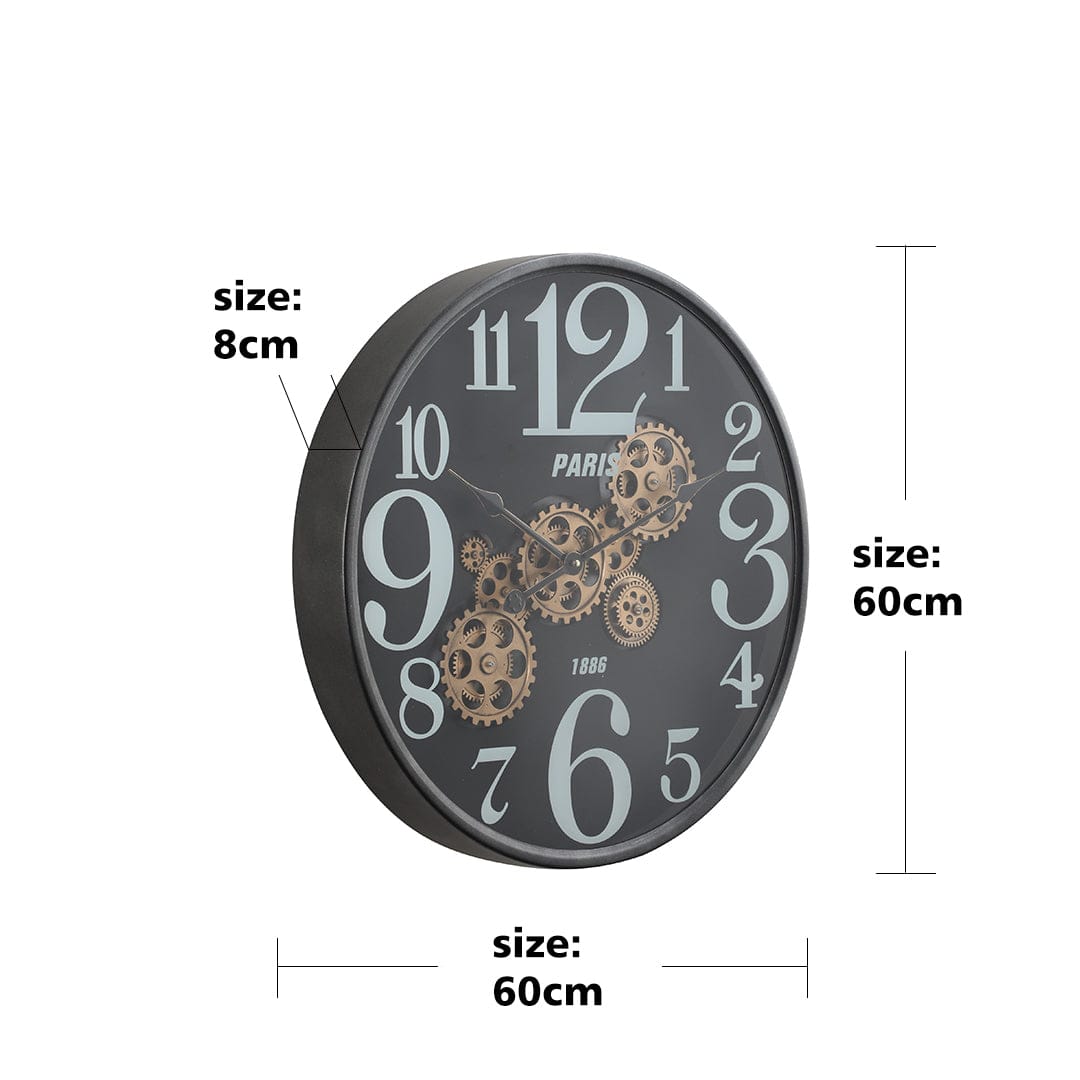 Euroxo Round Industrial Moving Cogs Wall Clock – Black