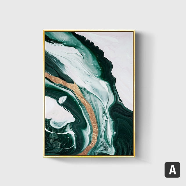 Euroxo glossy Abstract Green-Gold foil lined Canvas painting with Metal Frame set of 2