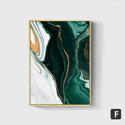 Euroxo glossy Abstract Green-Gold foil lined Canvas painting with Metal Frame set of 2